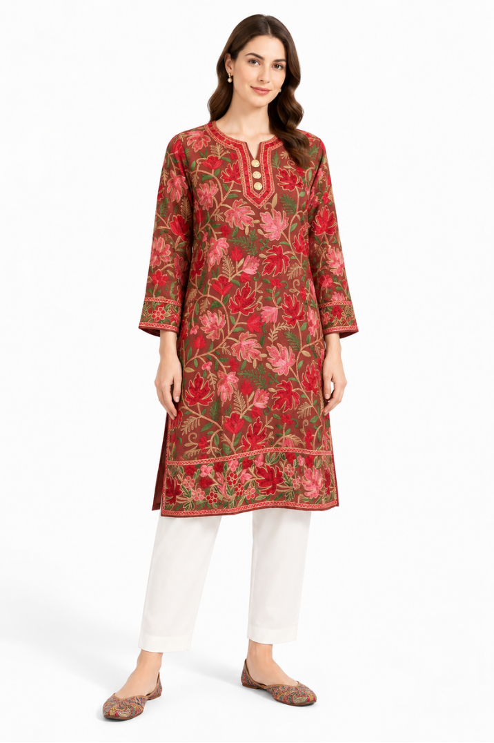Noor : chinar embroidery summer kurti | Brown
